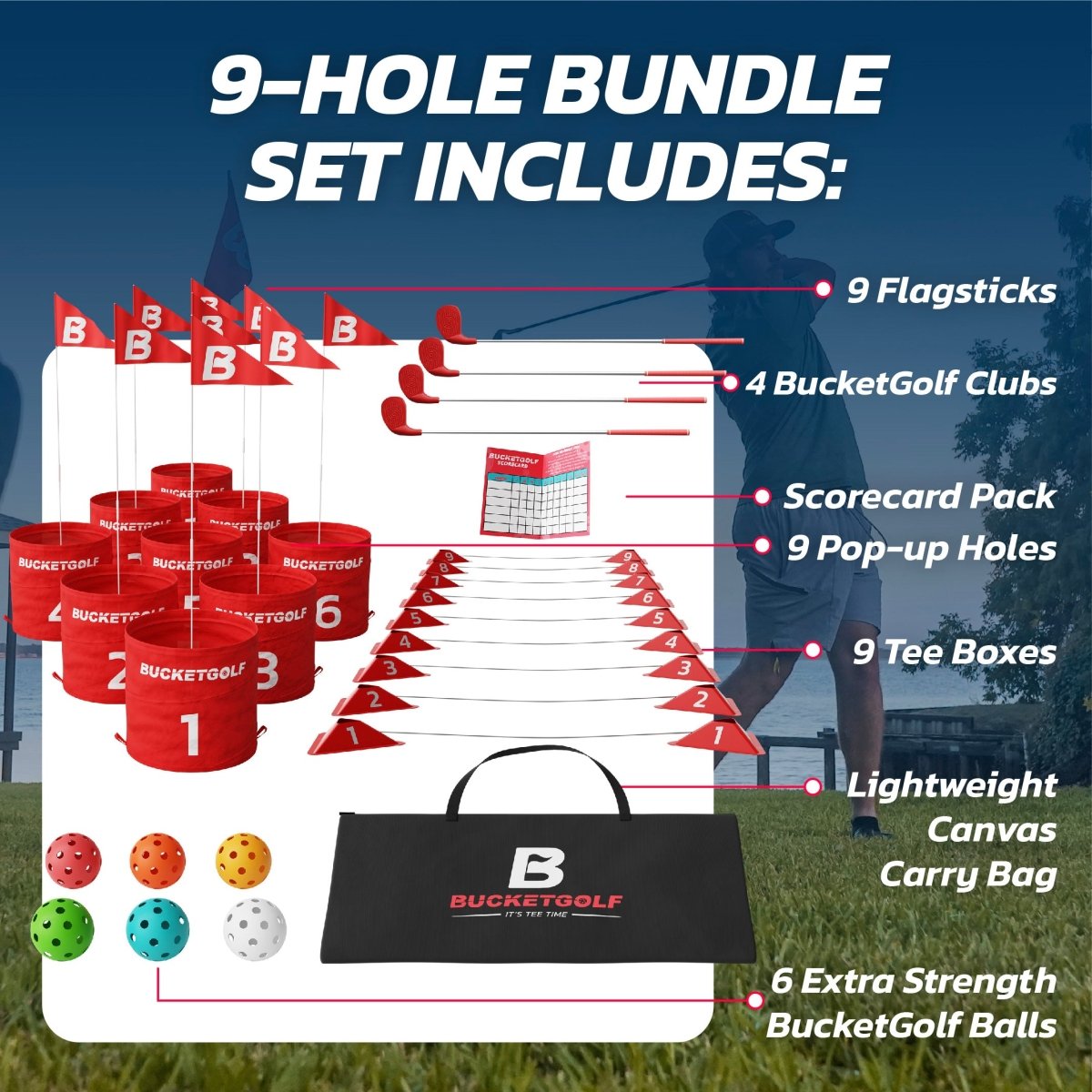 BucketGolf Bundle Pro 9 Hole | Portable par 3 golf course clubs